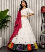 White Embroidery and sequins Aari mirror Roman Silk Blend Lahenga Choli Set