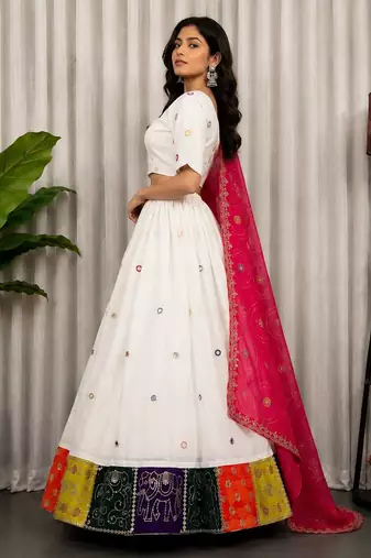 White Embroidery and sequins Aari mirror Roman Silk Blend Lahenga Choli Set