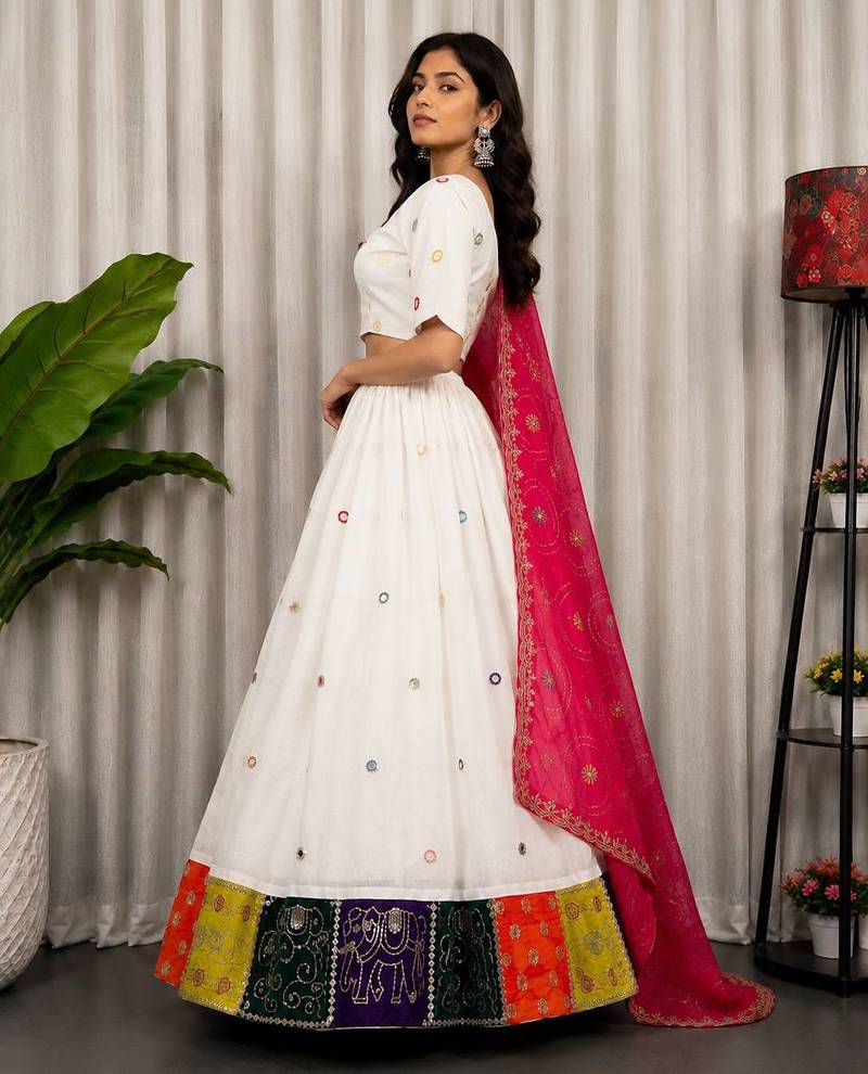 White Embroidery and sequins Aari mirror Roman Silk Blend Lahenga Choli Set