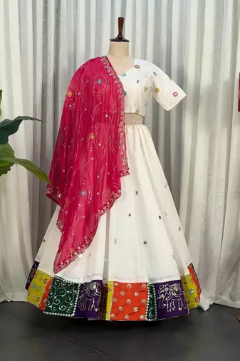 White Embroidery and sequins Aari mirror Roman Silk Blend Lahenga Choli Set