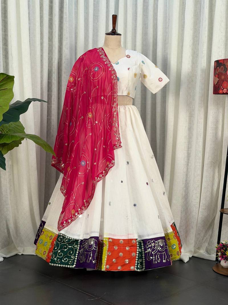 White Embroidery and sequins Aari mirror Roman Silk Blend Lahenga Choli Set