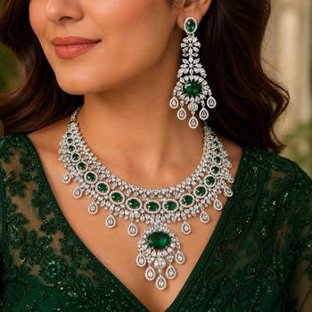 emerald green cz necklace set  silver tone indian bridal jewellery 1