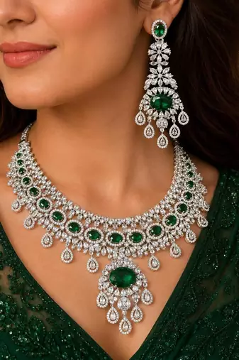 emerald green cz necklace set | silver tone indian bridal jewellery