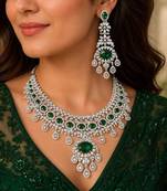 emerald green cz necklace set  silver tone indian bridal jewellery