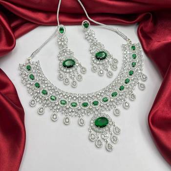 emerald green cz necklace set  silver tone indian bridal jewellery 2