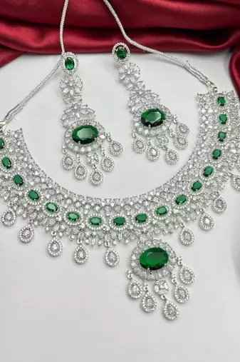 emerald green cz necklace set | silver tone indian bridal jewellery