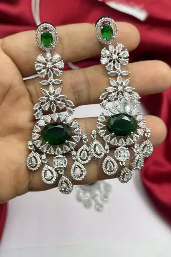 emerald green cz necklace set | silver tone indian bridal jewellery
