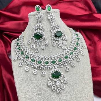 emerald green cz necklace set  silver tone indian bridal jewellery 4
