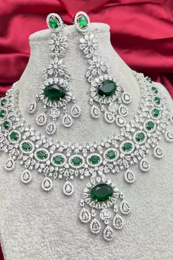 emerald green cz necklace set | silver tone indian bridal jewellery