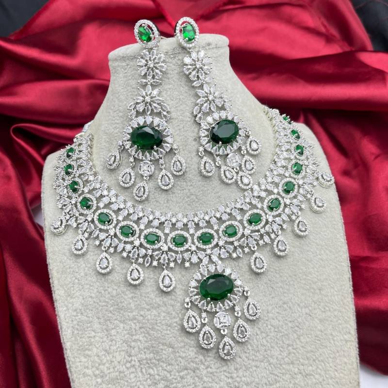 emerald green cz necklace set  silver tone indian bridal jewellery