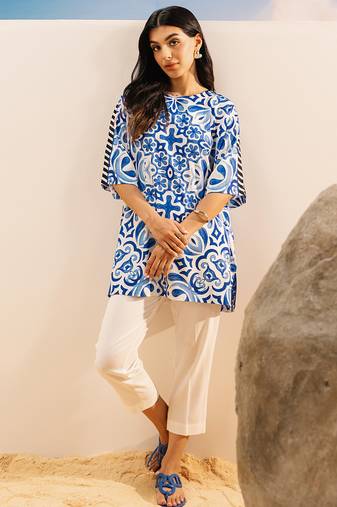 Blue floral print crepe co-ord set for women