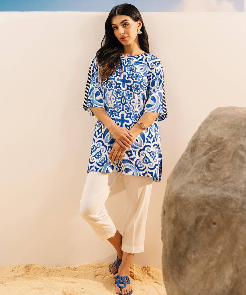 Blue floral print crepe co-ord set for women