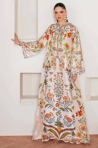 Off-white floral print crepe maxi western dress for women