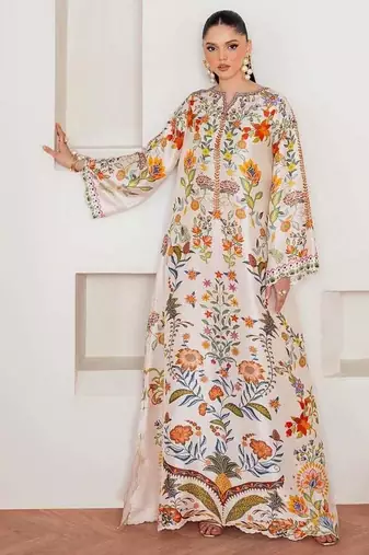 Off-white floral print crepe maxi western dress for women