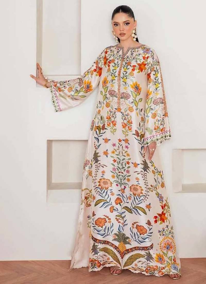 Off-white floral print crepe maxi western dress for women