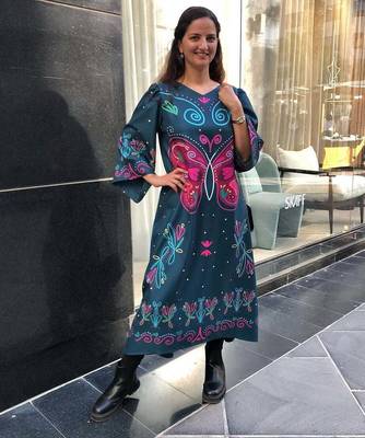 Blue floral print crepe maxi western dress for women 1
