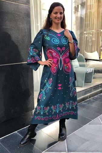 Blue floral print crepe maxi western dress for women
