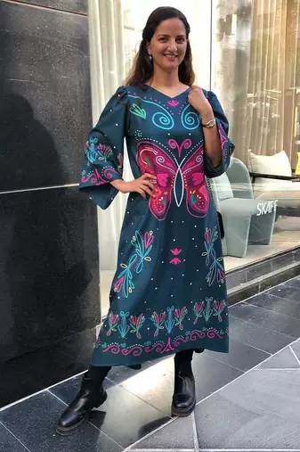 Blue floral print crepe maxi western dress for women