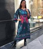 Blue floral print crepe maxi western dress for women