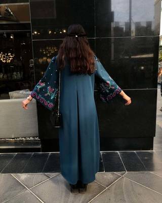 Blue floral print crepe maxi western dress for women 2
