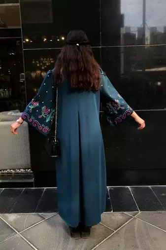 Blue floral print crepe maxi western dress for women