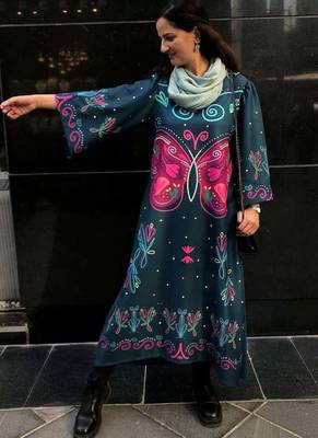 Blue floral print crepe maxi western dress for women 3