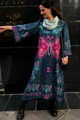 Blue floral print crepe maxi western dress for women