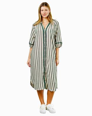 Green stripes print linen maxi western dress for women 1