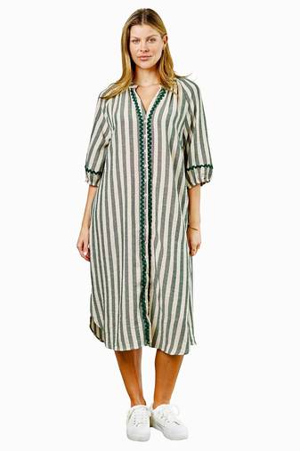 Green stripes print linen maxi western dress for women