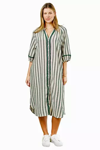 Green stripes print linen maxi western dress for women