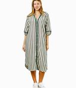 Green stripes print linen maxi western dress for women