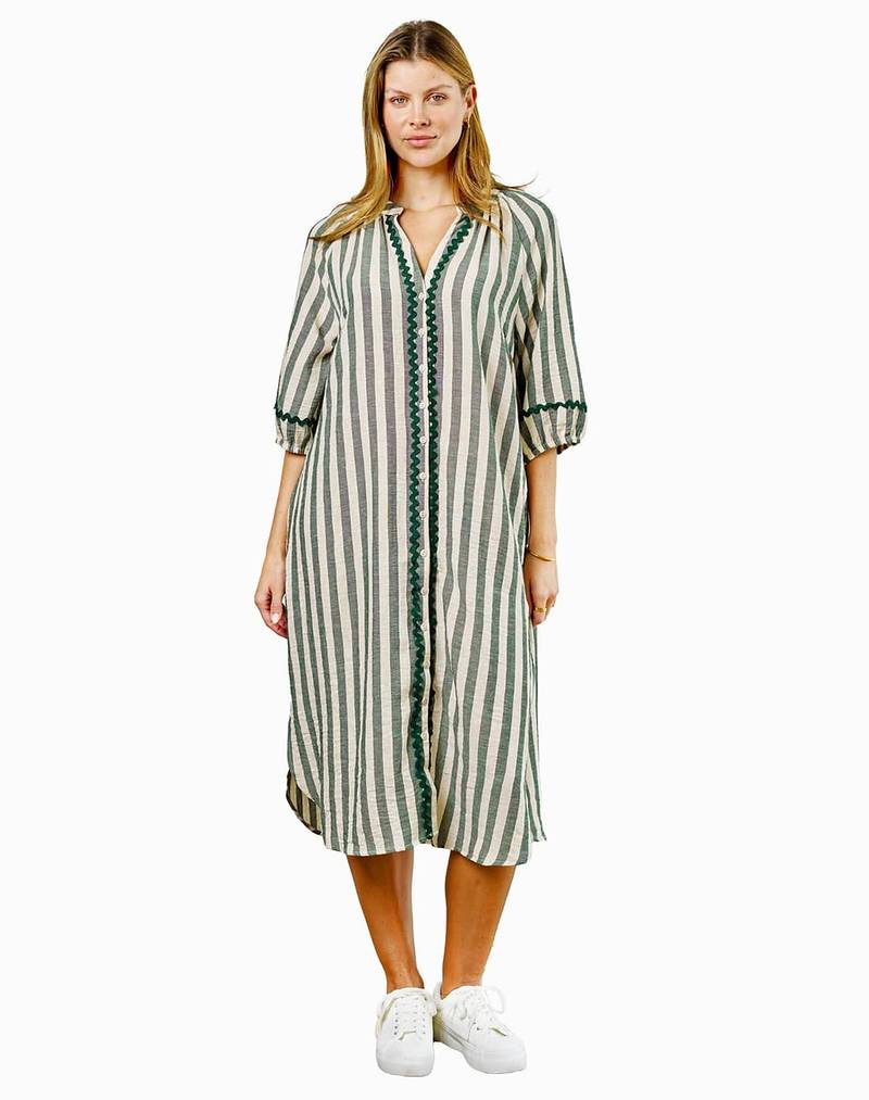 Green stripes print linen maxi western dress for women