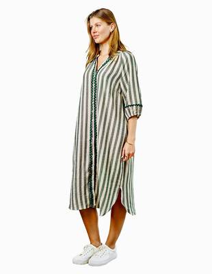 Green stripes print linen maxi western dress for women 2