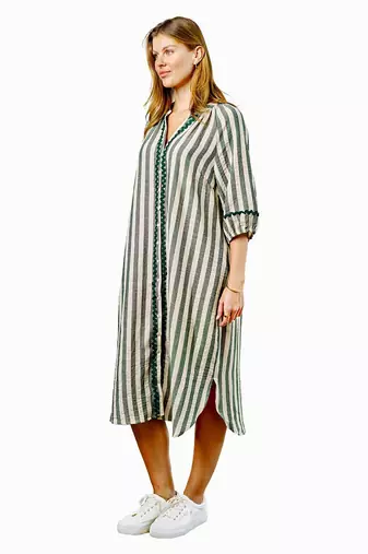 Green stripes print linen maxi western dress for women