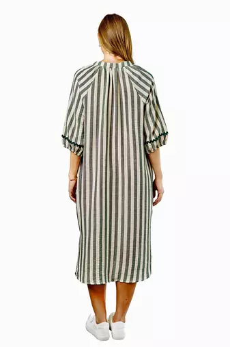 Green stripes print linen maxi western dress for women