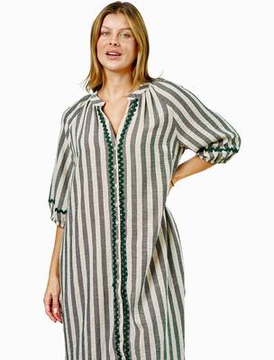 Green stripes print linen maxi western dress for women 4