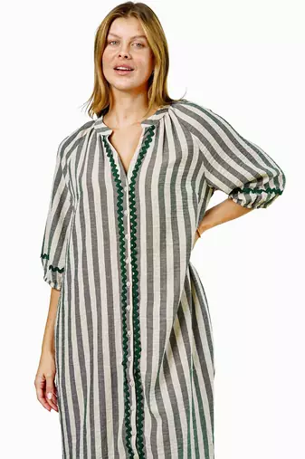 Green stripes print linen maxi western dress for women