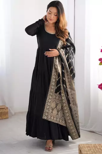  solid roman silk blend chanderi flared anarkali pant and dupatta set