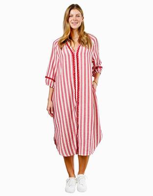 Pink stripes print linen maxi western dress for women 1