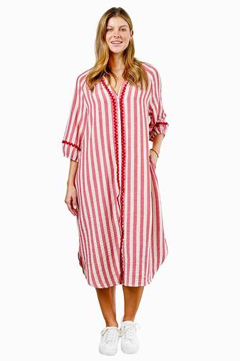 Pink stripes print linen maxi western dress for women