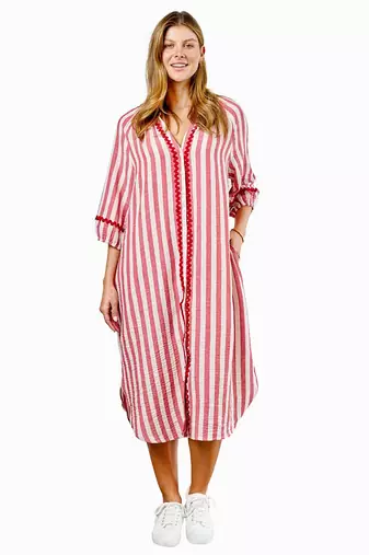 Pink stripes print linen maxi western dress for women