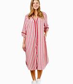 Pink stripes print linen maxi western dress for women