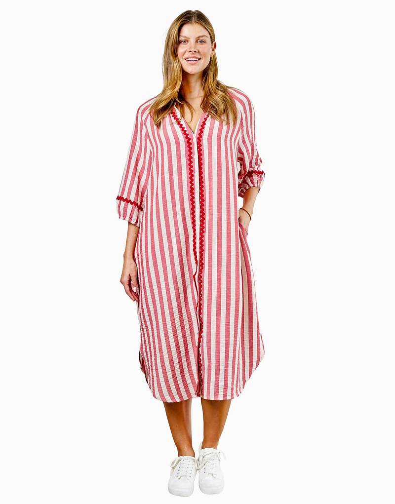 Pink stripes print linen maxi western dress for women