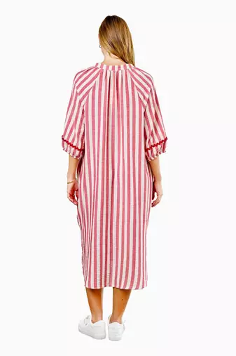 Pink stripes print linen maxi western dress for women