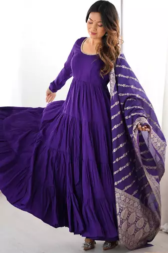  solid roman silk blend chanderi flared anarkali pant and dupatta set