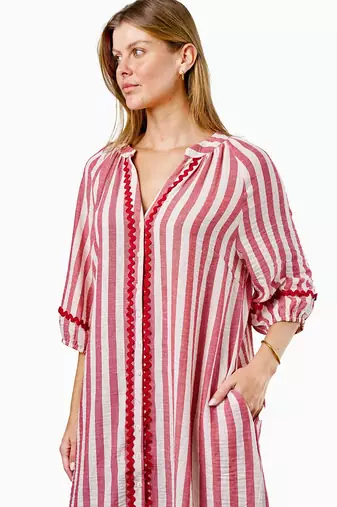 Pink stripes print linen maxi western dress for women