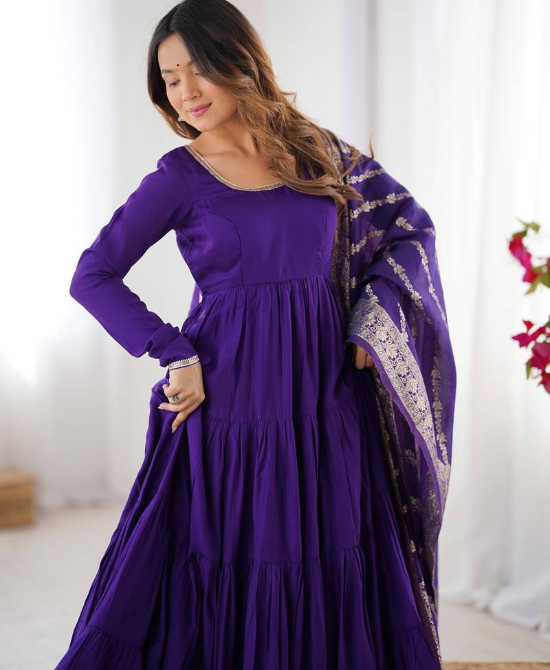  solid roman silk blend chanderi flared anarkali pant and dupatta set