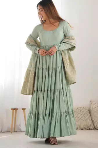  solid roman silk blend chanderi flared anarkali pant and dupatta set