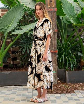 Black floral print crepe maxi western dress for women 2