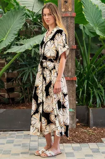 Black floral print crepe maxi western dress for women